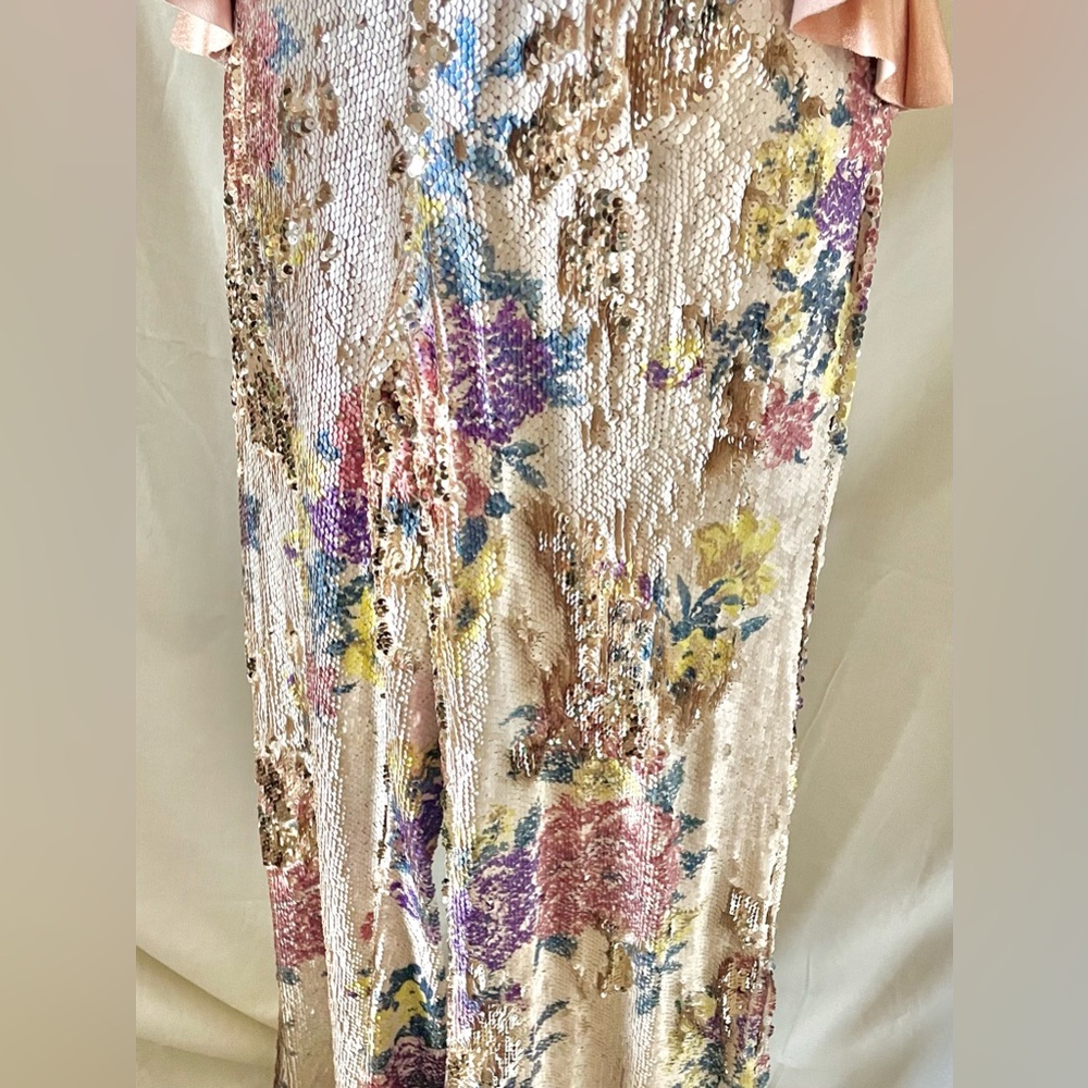 Forever 21 Floral Gold Flip Sequin High Waisted Wide Leg Pants sz L NWT - Picture 6 of 8